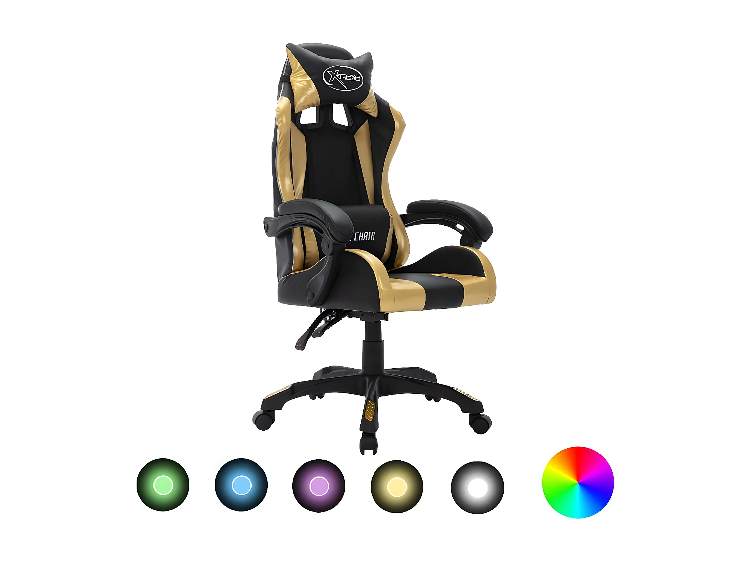 Silla gaming con luces LED RGB cuero sintético dorado y negro
