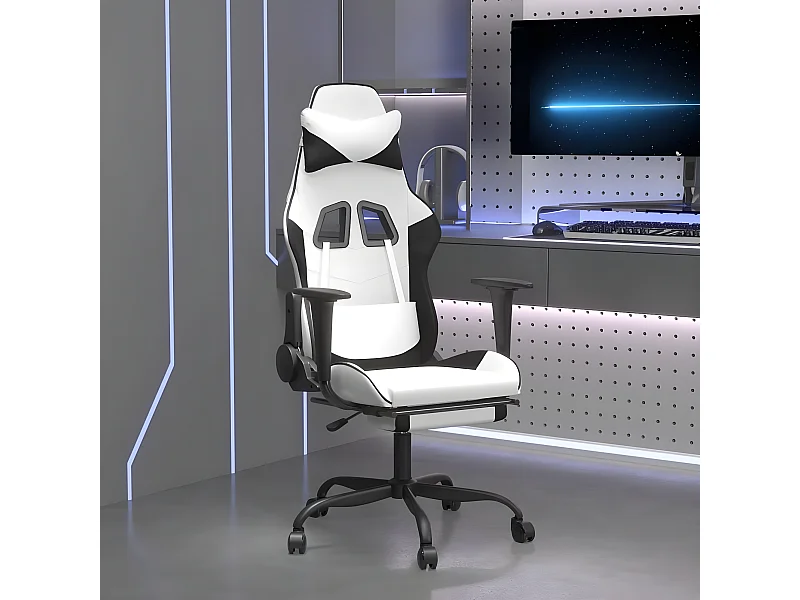 Chaise de jeu avec repose-pied Blanc et noir Similicuir