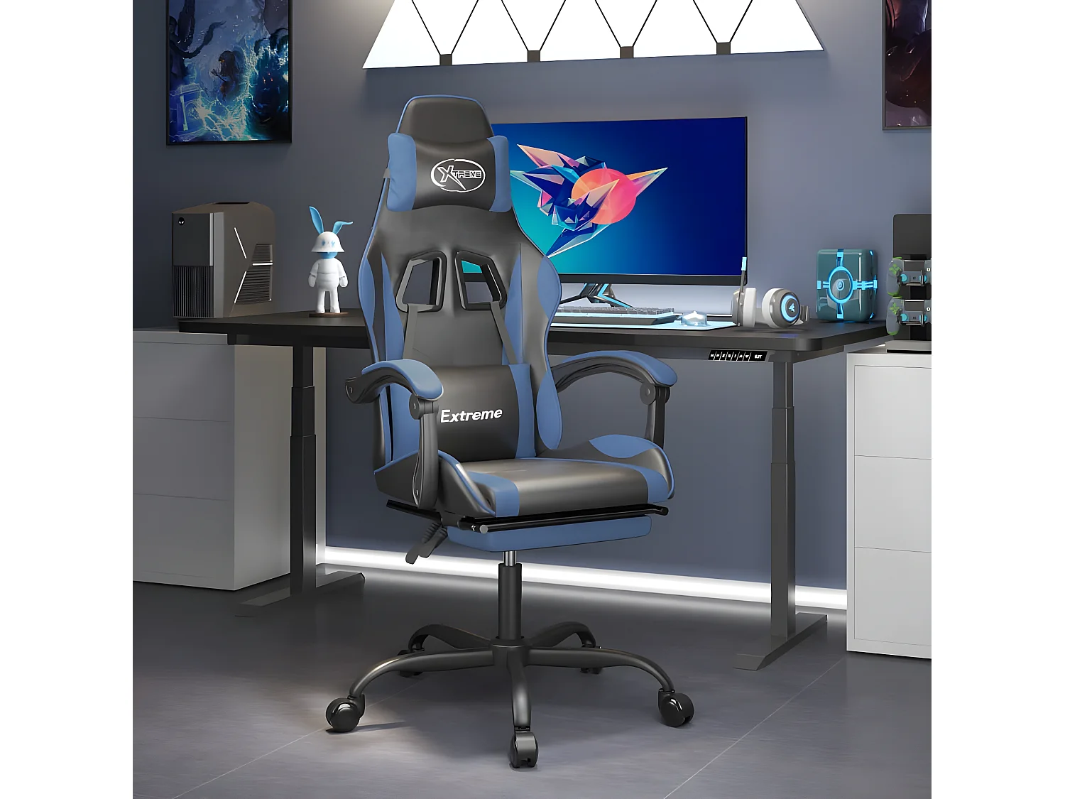 Cadeira gaming giratória c/ apoio pés couro artif. preto/azul