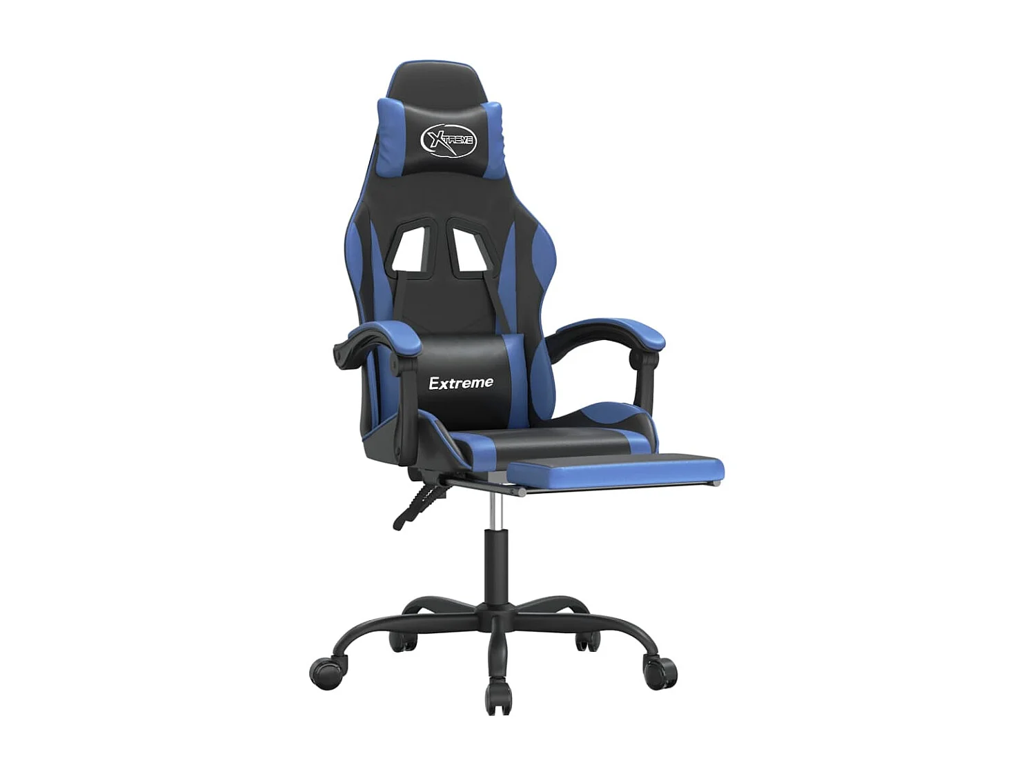 Cadeira gaming giratória c/ apoio pés couro artif. preto/azul