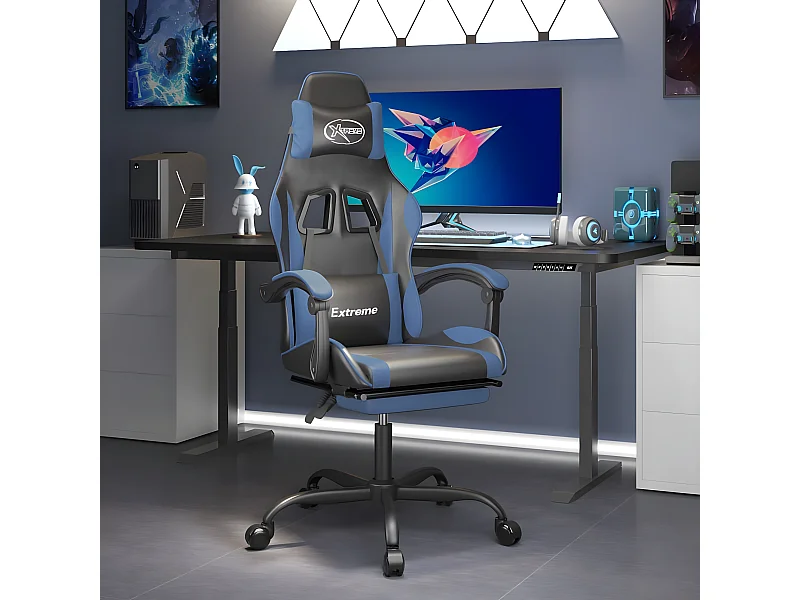 Cadeira gaming giratória c/ apoio pés couro artif. preto/azul