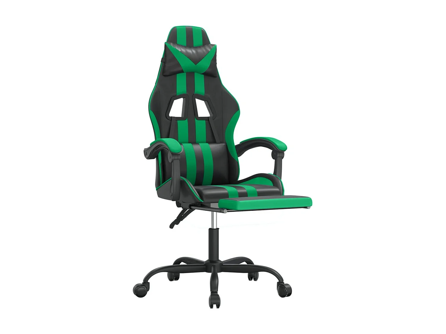 Cadeira gaming giratória c/ apoio pés couro artif. preto/verde
