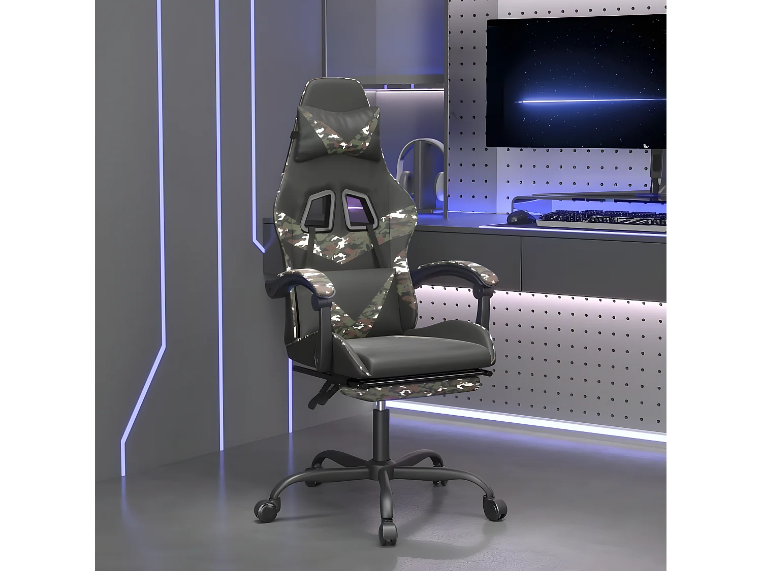 Cadeira gaming giratória + apoio pés couro art. preto/camuflado