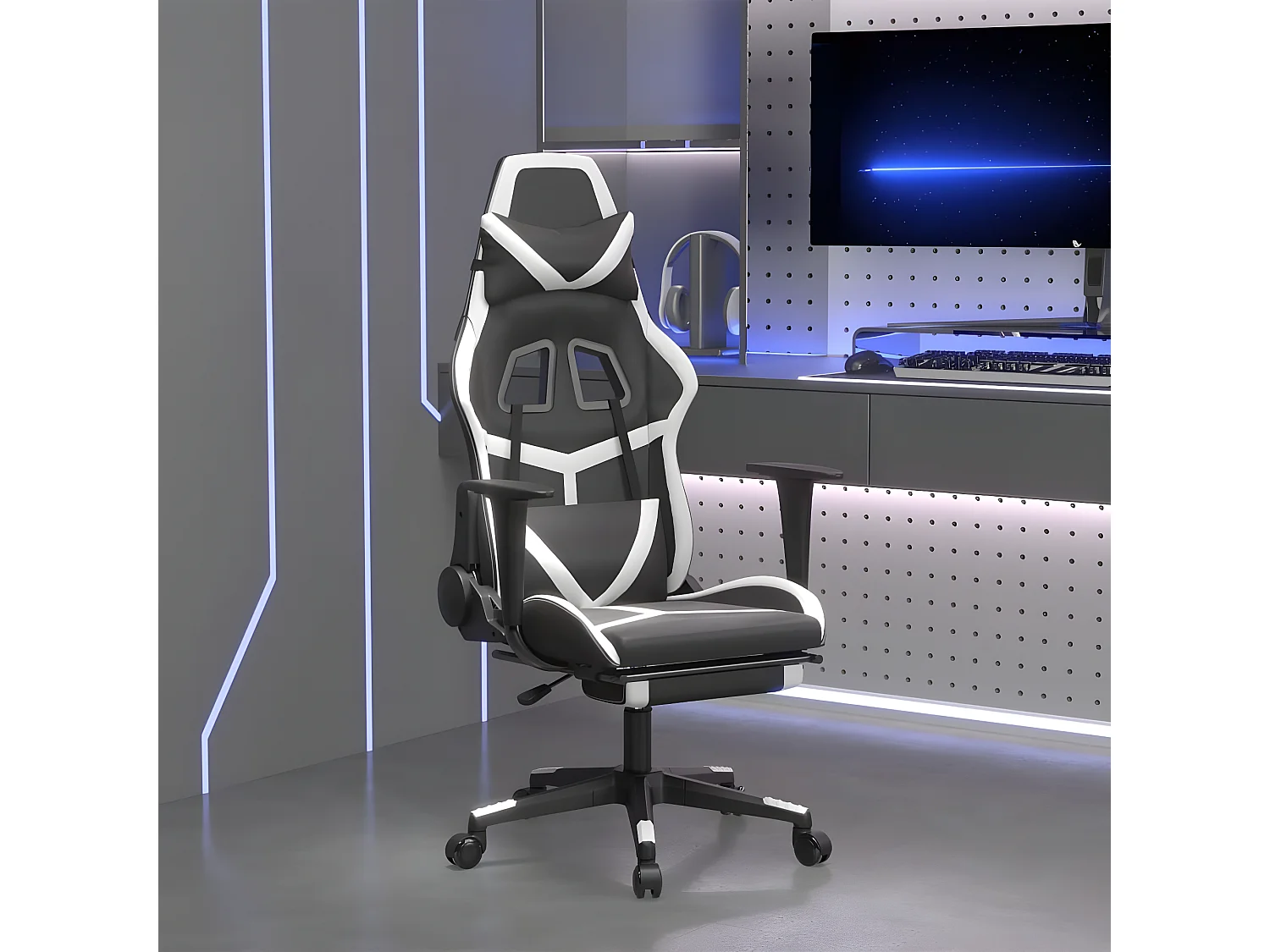 Silla gaming masaje y reposapiés cuero sintético negro blanco