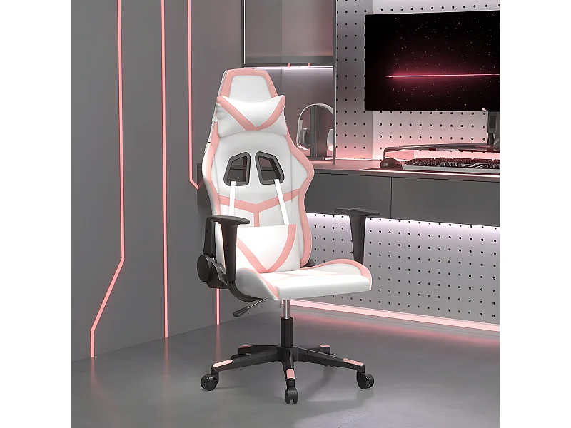 Cadeira gaming massagens couro artificial branco e rosa