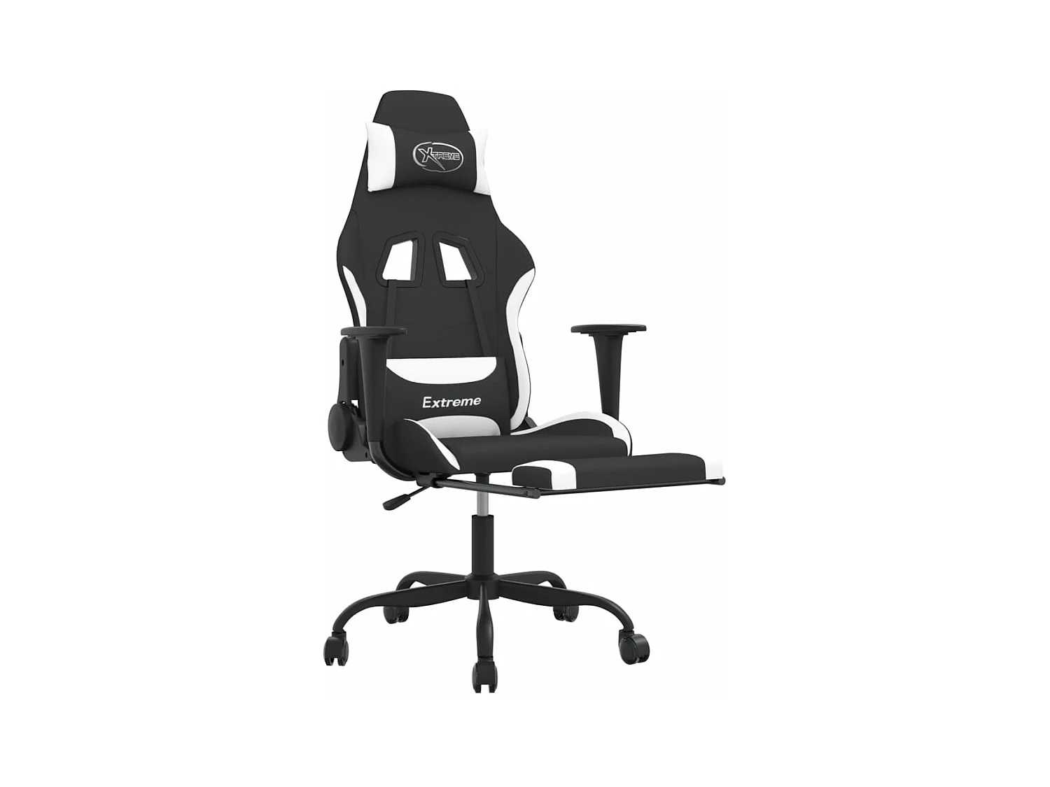 Cadeira de gaming com apoio de pés tecido preto e branco
