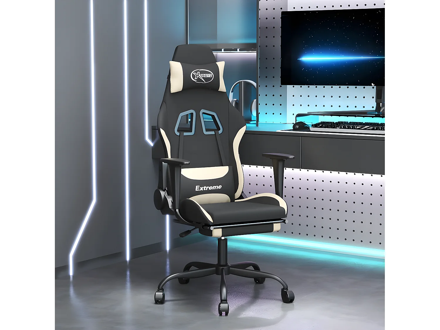 Cadeira de gaming c/ apoio para os pés tecido preto e creme