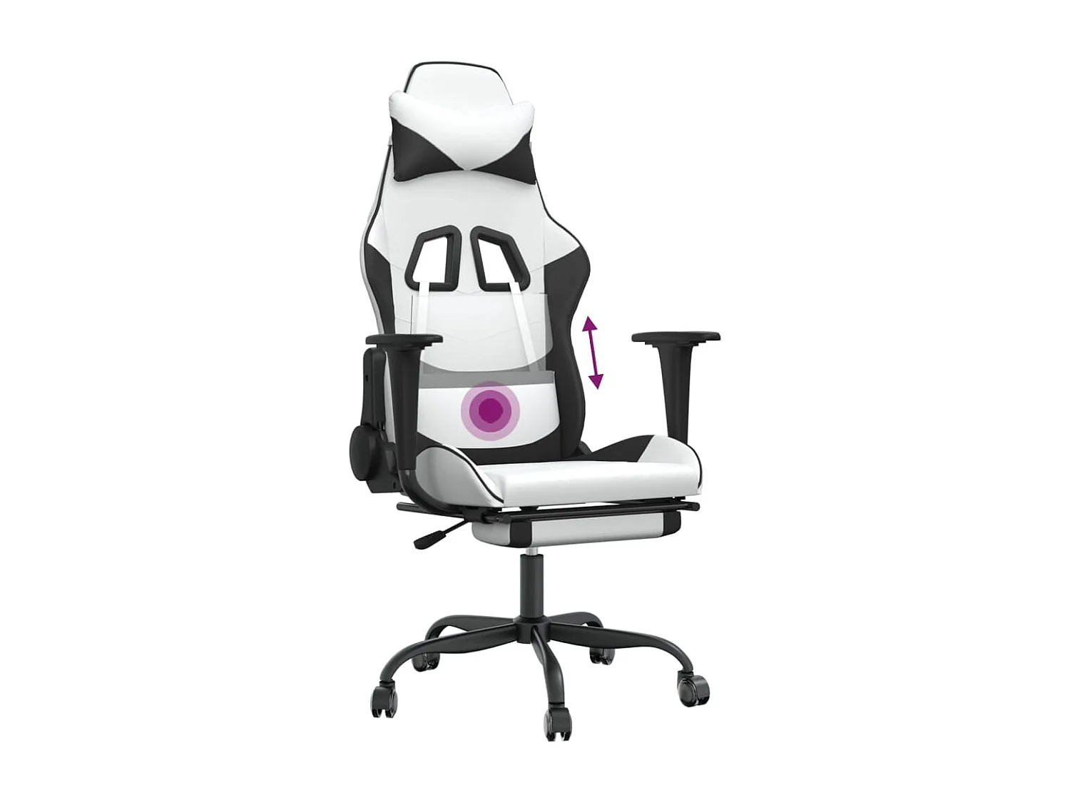 Silla gaming masaje y reposapiés cuero sintético negro blanco
