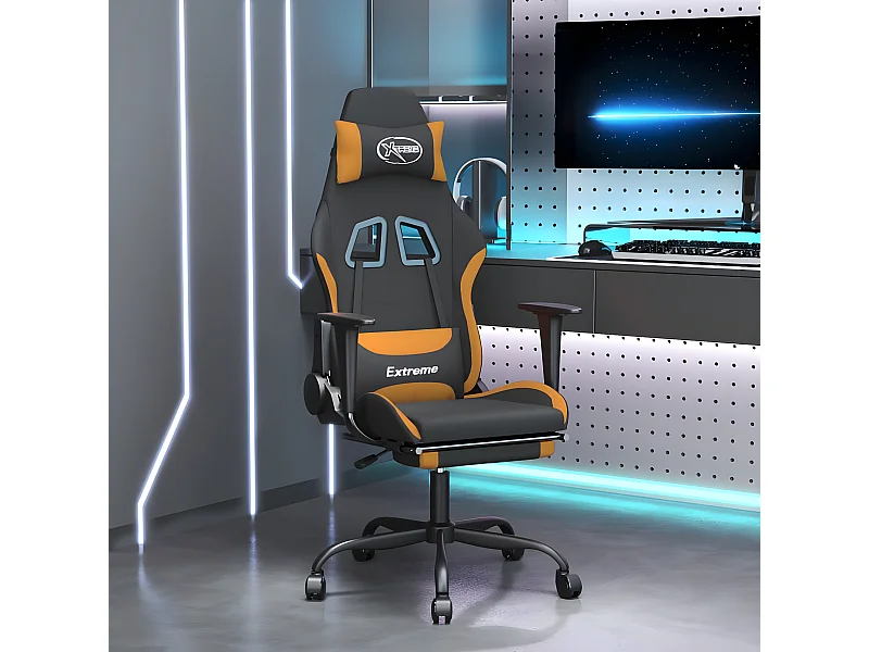 Silla gaming con reposapiés tela negro y naranja