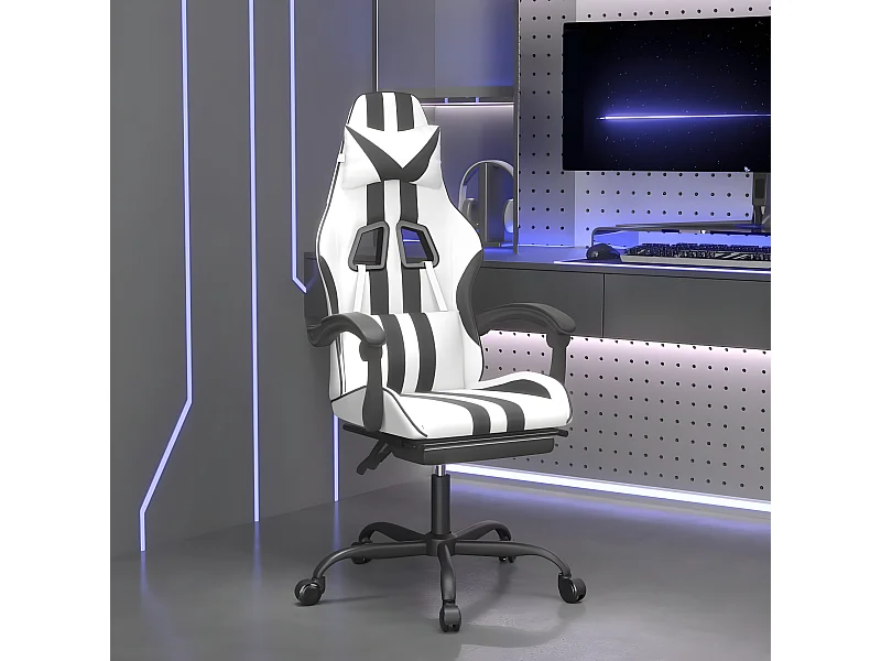 Silla gaming giratoria reposapiés cuero sintético blanco negro