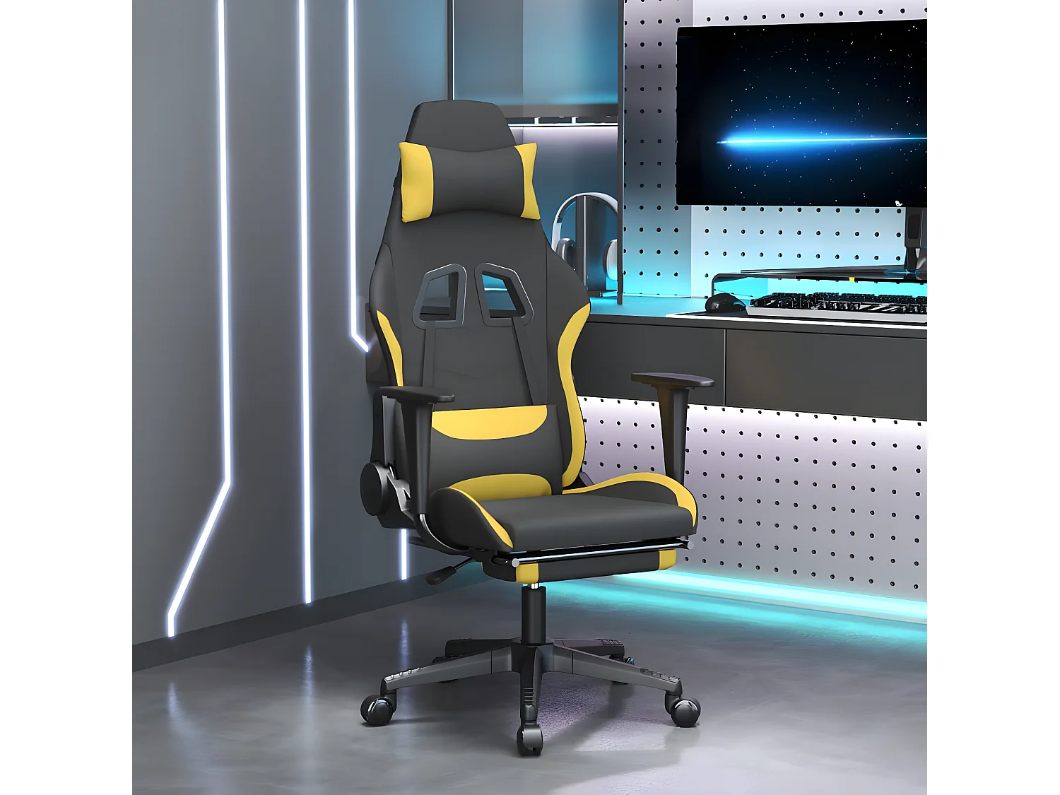 Cadeira de gaming com apoio para os pés tecido preto e amarelo