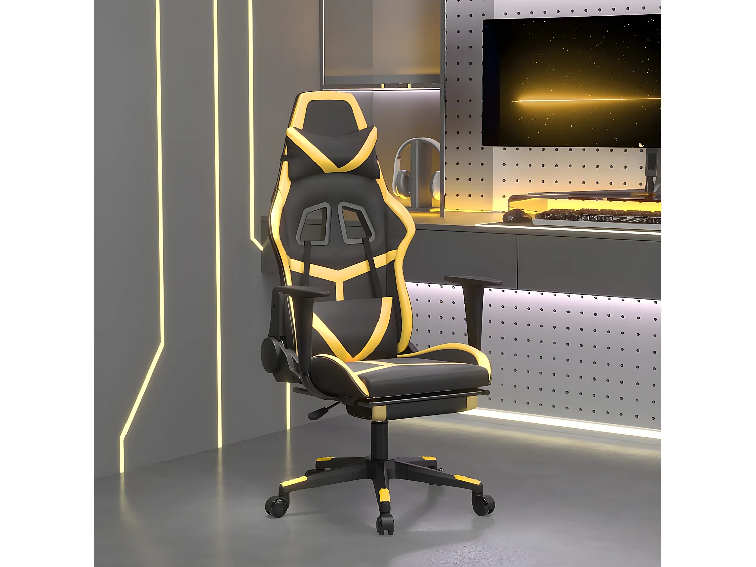 Cadeira gaming massagens c/ apoio pés couro artif. Ouro/Preto