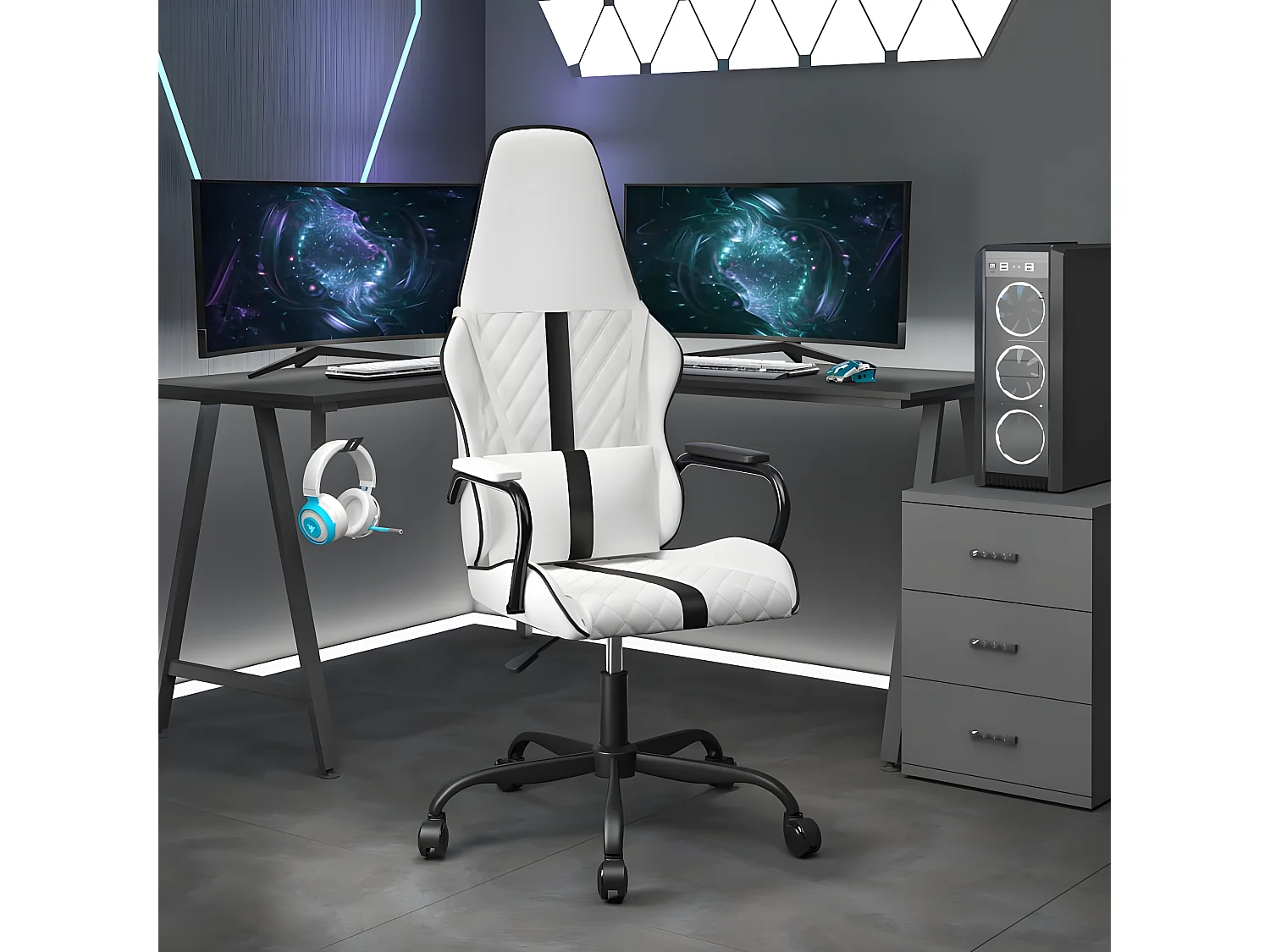 Cadeira gaming massagens couro artificial preto e branco