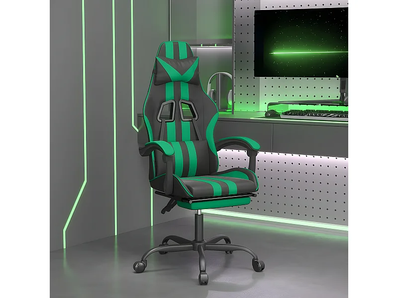 Cadeira gaming c/ apoio pés couro artificial preto e verde
