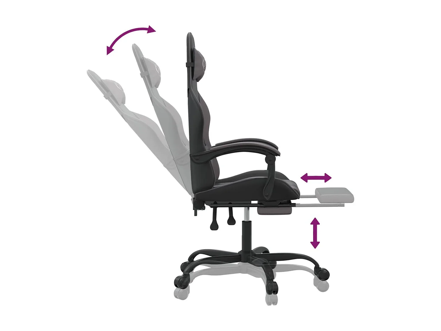 Cadeira gaming c/ apoio pés couro artificial preto e cinza