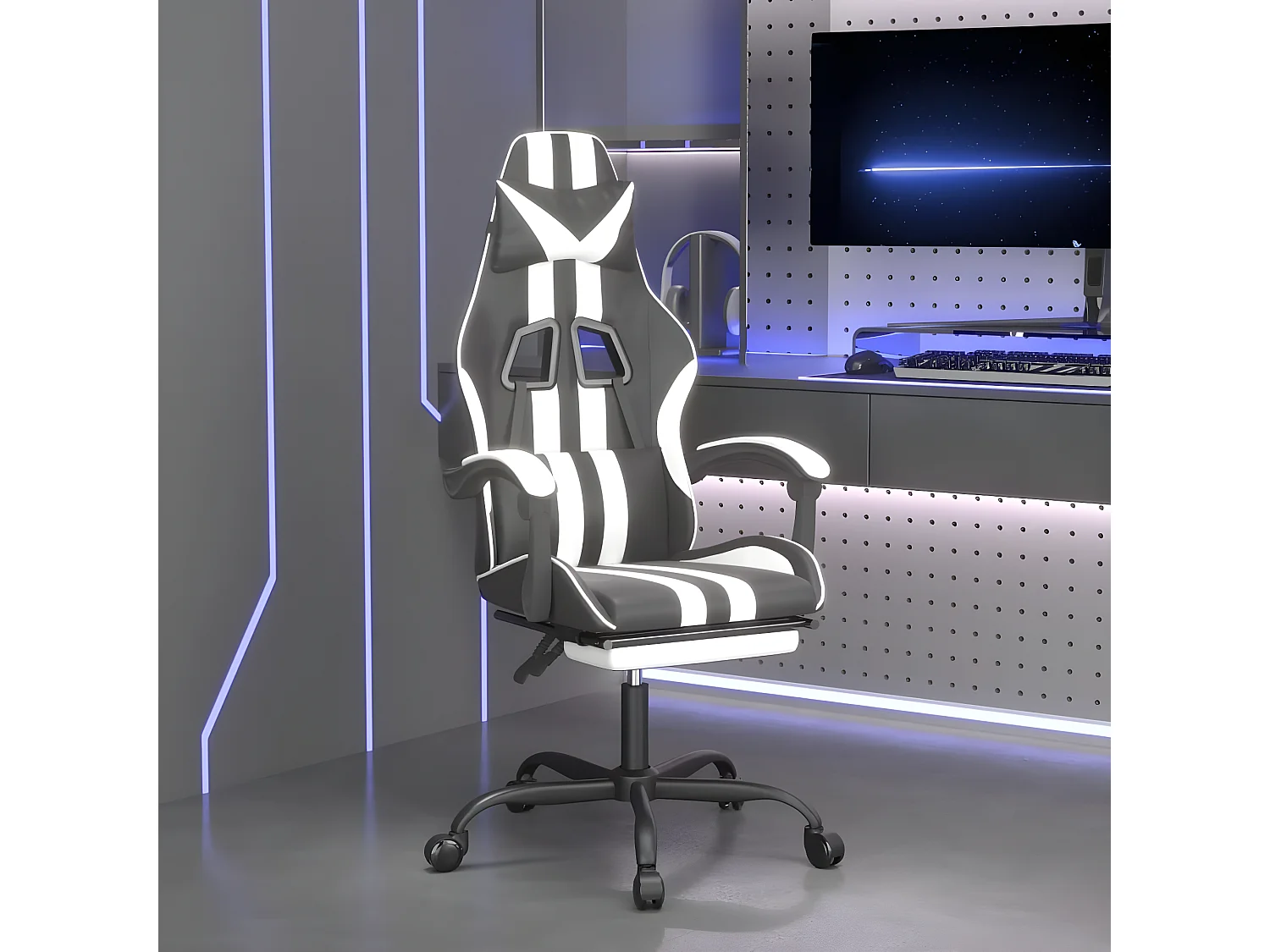 Cadeira gaming giratória c/ apoio pés couro artif. preto/branco