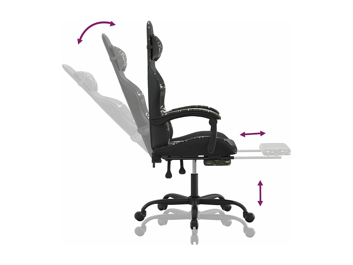 Cadeira gaming c/ apoio pés couro artificial preto e camuflado