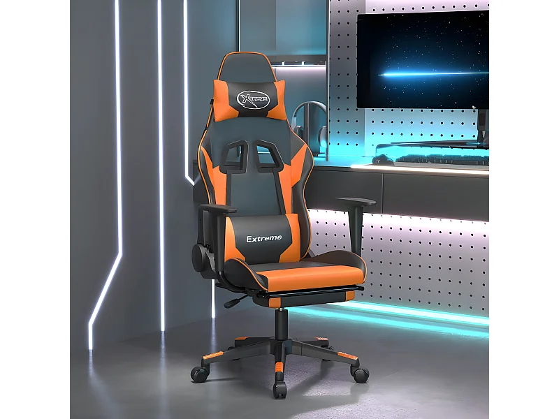 Cadeira gaming c/ apoio p/ pés couro artificial preto e laranja