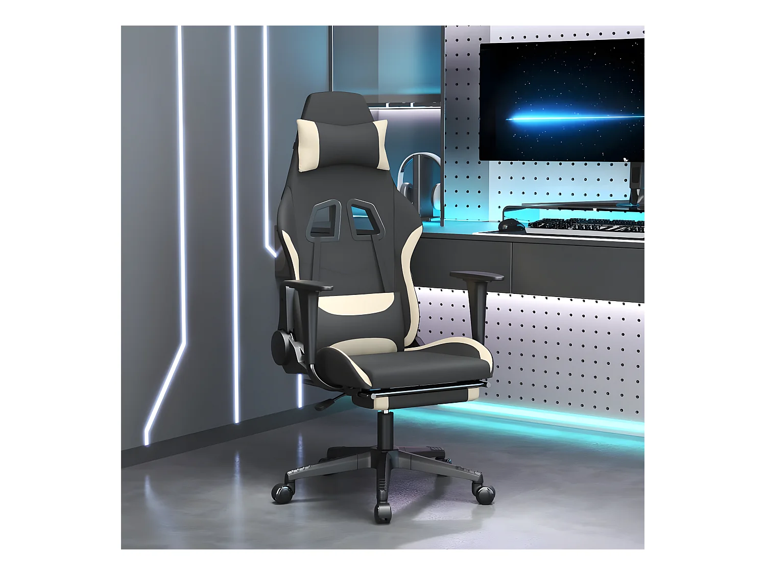 Cadeira de gaming c/ apoio para os pés tecido preto e creme