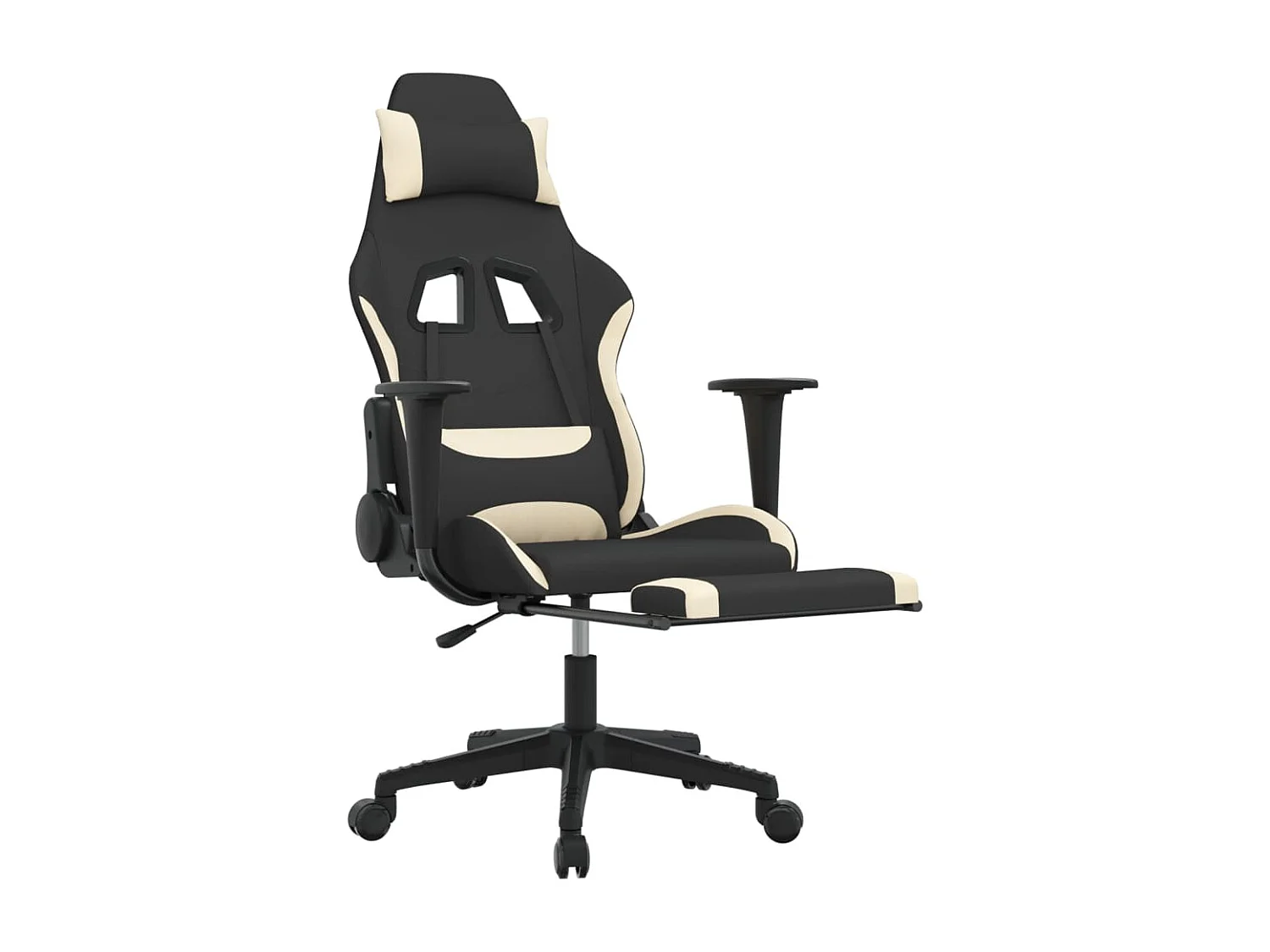 Cadeira de gaming c/ apoio para os pés tecido preto e creme
