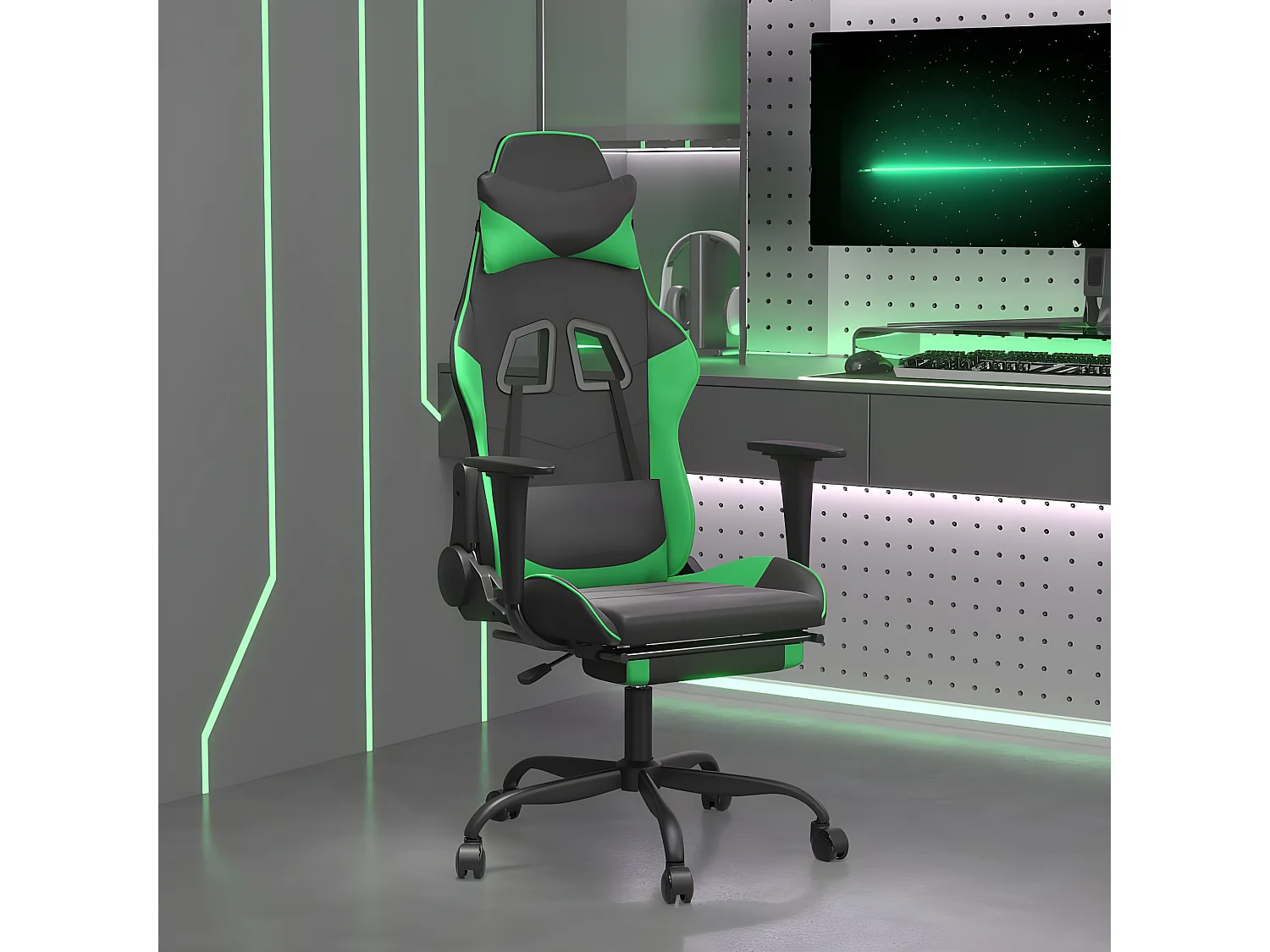 Silla gaming con reposapiés cuero sintético negro verde