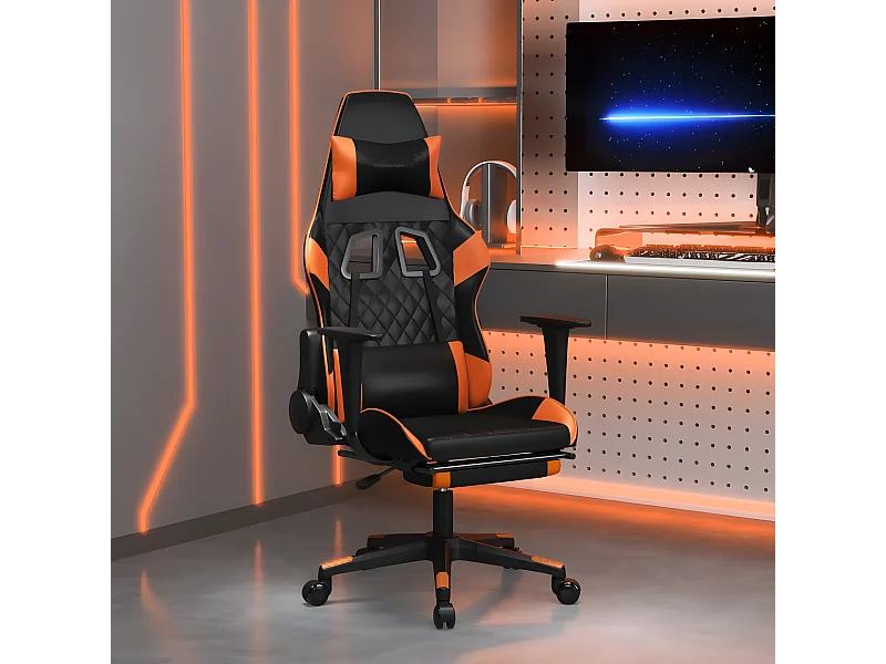 Cadeira gaming c/ apoio p/ pés couro artificial preto e laranja