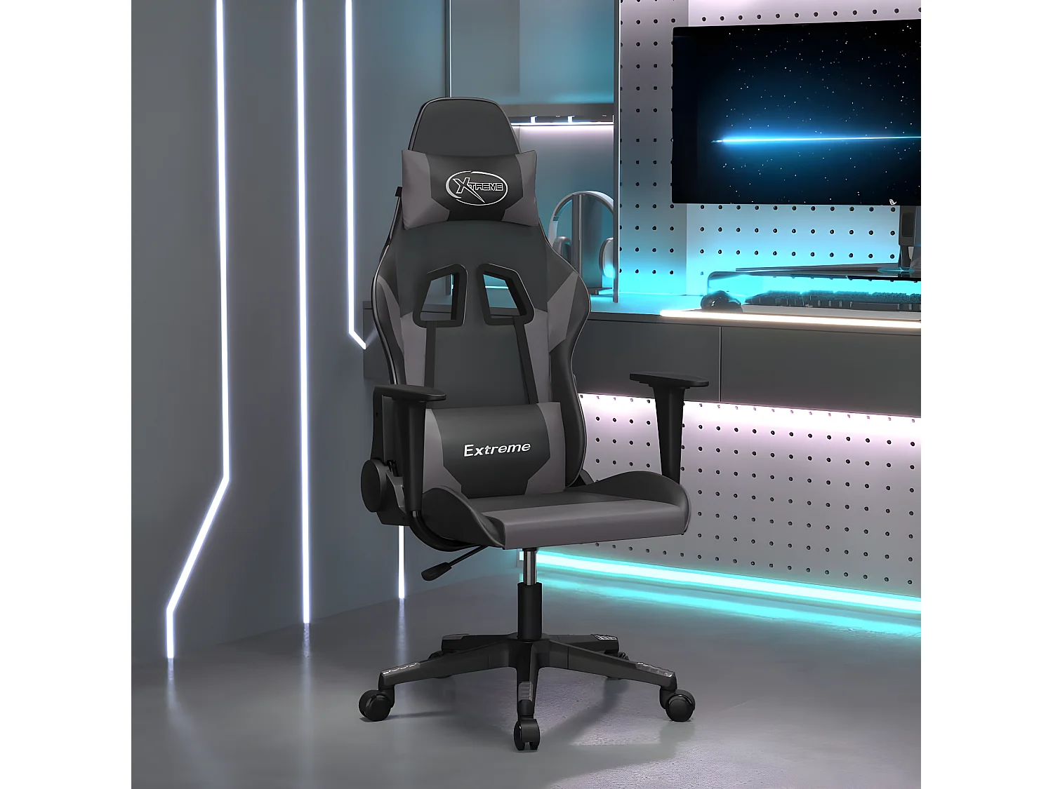 Cadeira gaming couro artificial preto e cinzento