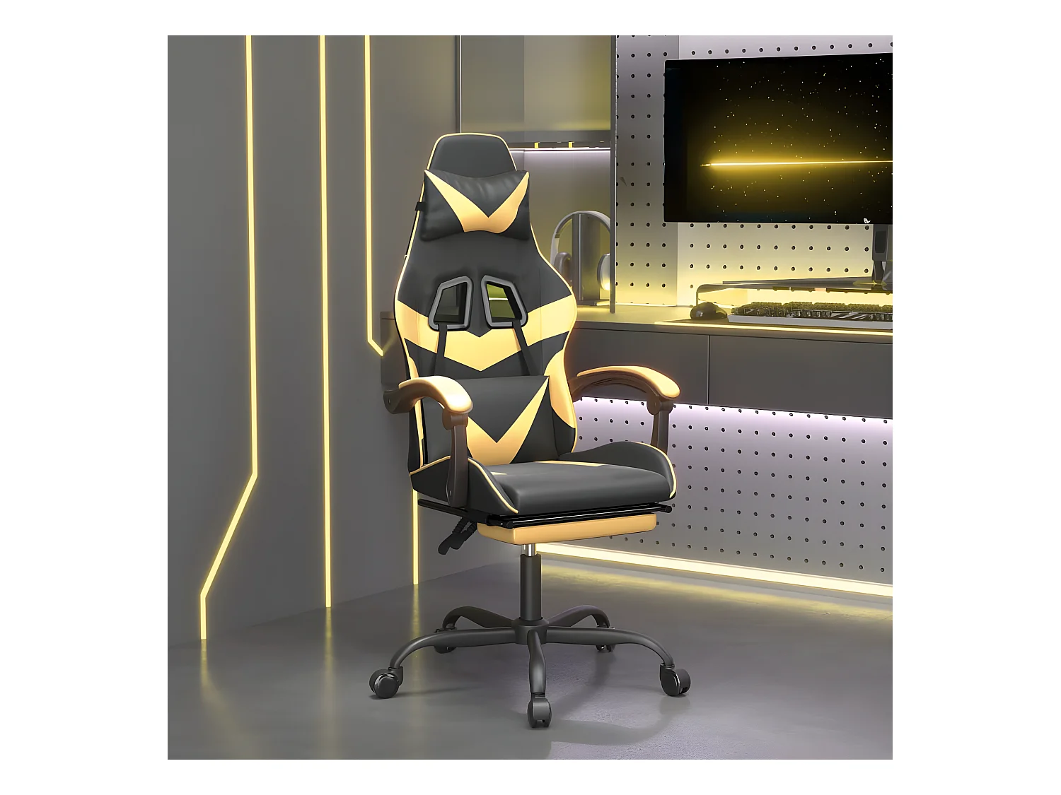 Silla gaming con reposapiés cuero sintético negro dorado