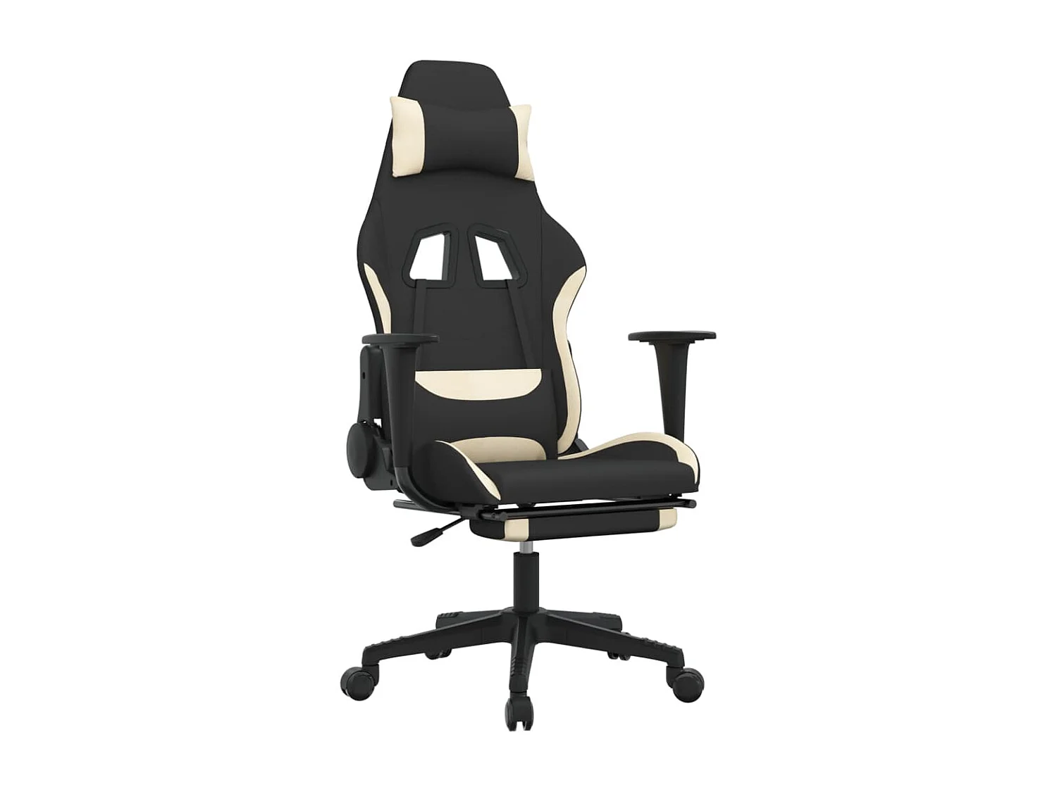 Cadeira de gaming com apoio de pés tecido preto e creme