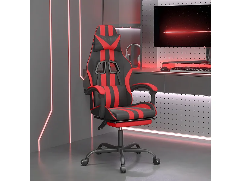 Cadeira gaming c/ apoio pés couro artificial preto e vermelho