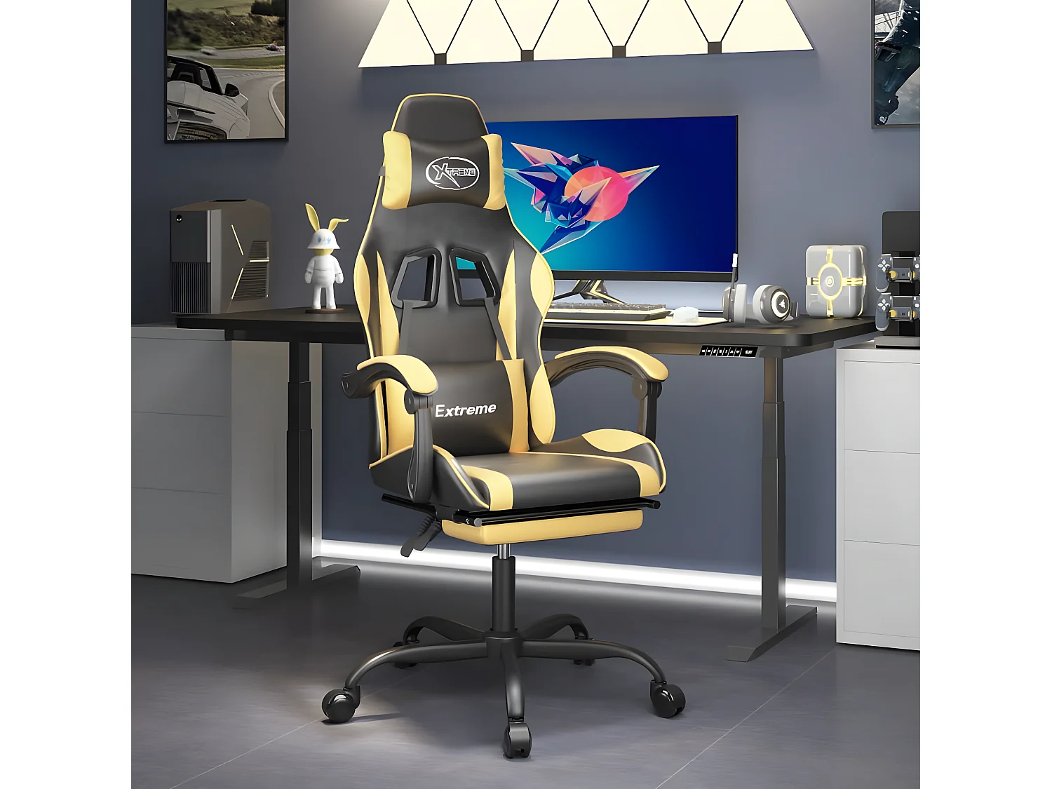 Cadeira gaming c/ apoio pés couro artificial preto e dourado