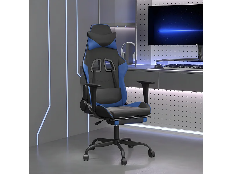 Silla gaming de masaje y reposapiés cuero sintético negro azul
