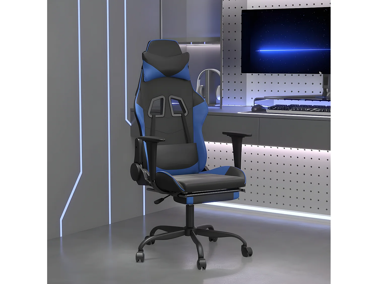 Silla gaming de masaje y reposapiés cuero sintético negro azul