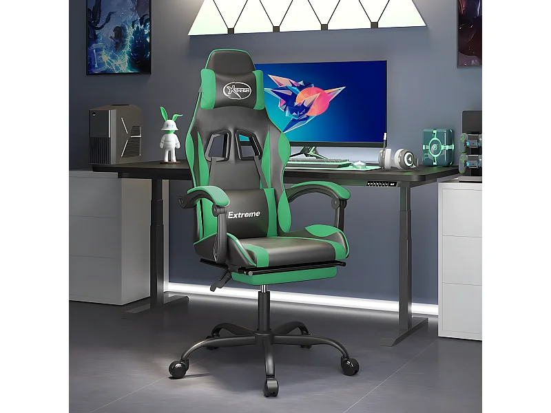 Cadeira gaming c/ apoio pés couro artificial preto e verde