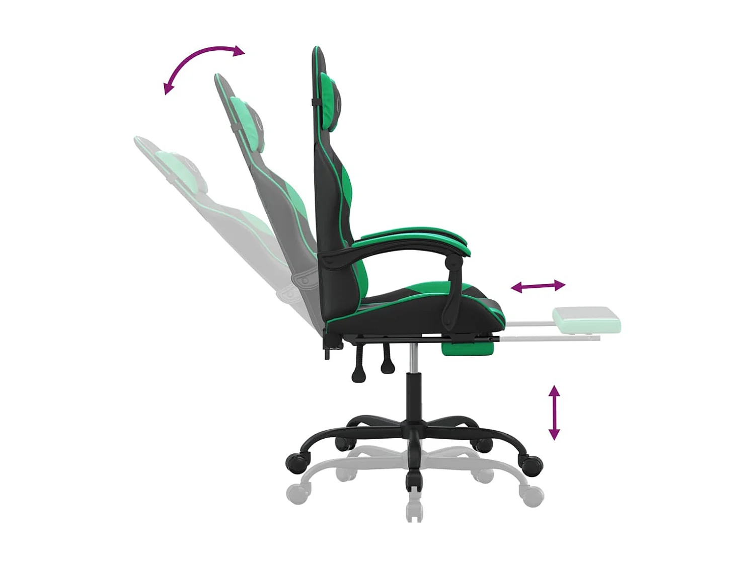 Cadeira gaming c/ apoio pés couro artificial preto e verde