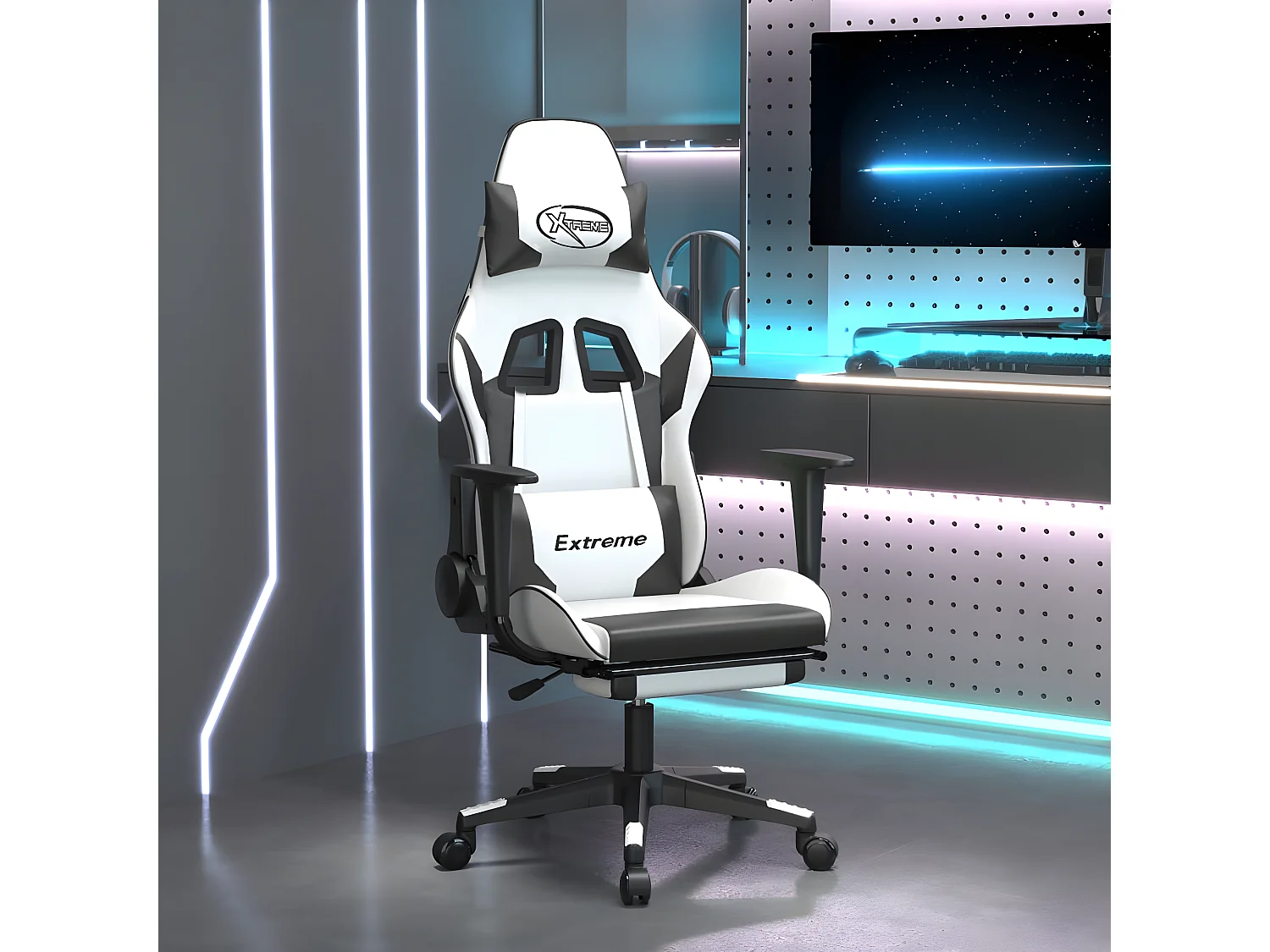 Cadeira gaming c/ apoio p/ pés couro artificial preto e branco