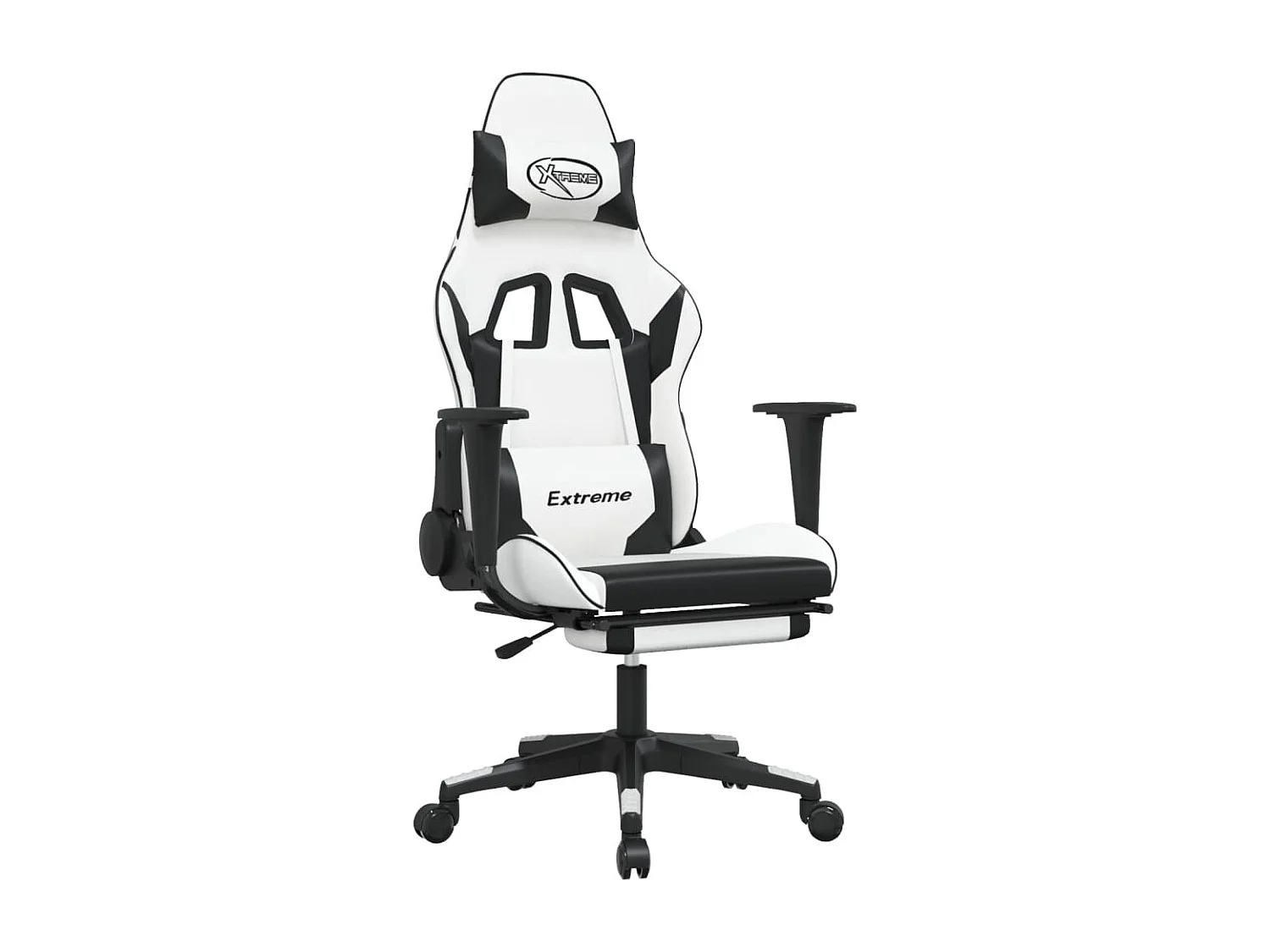 Cadeira gaming c/ apoio p/ pés couro artificial preto e branco