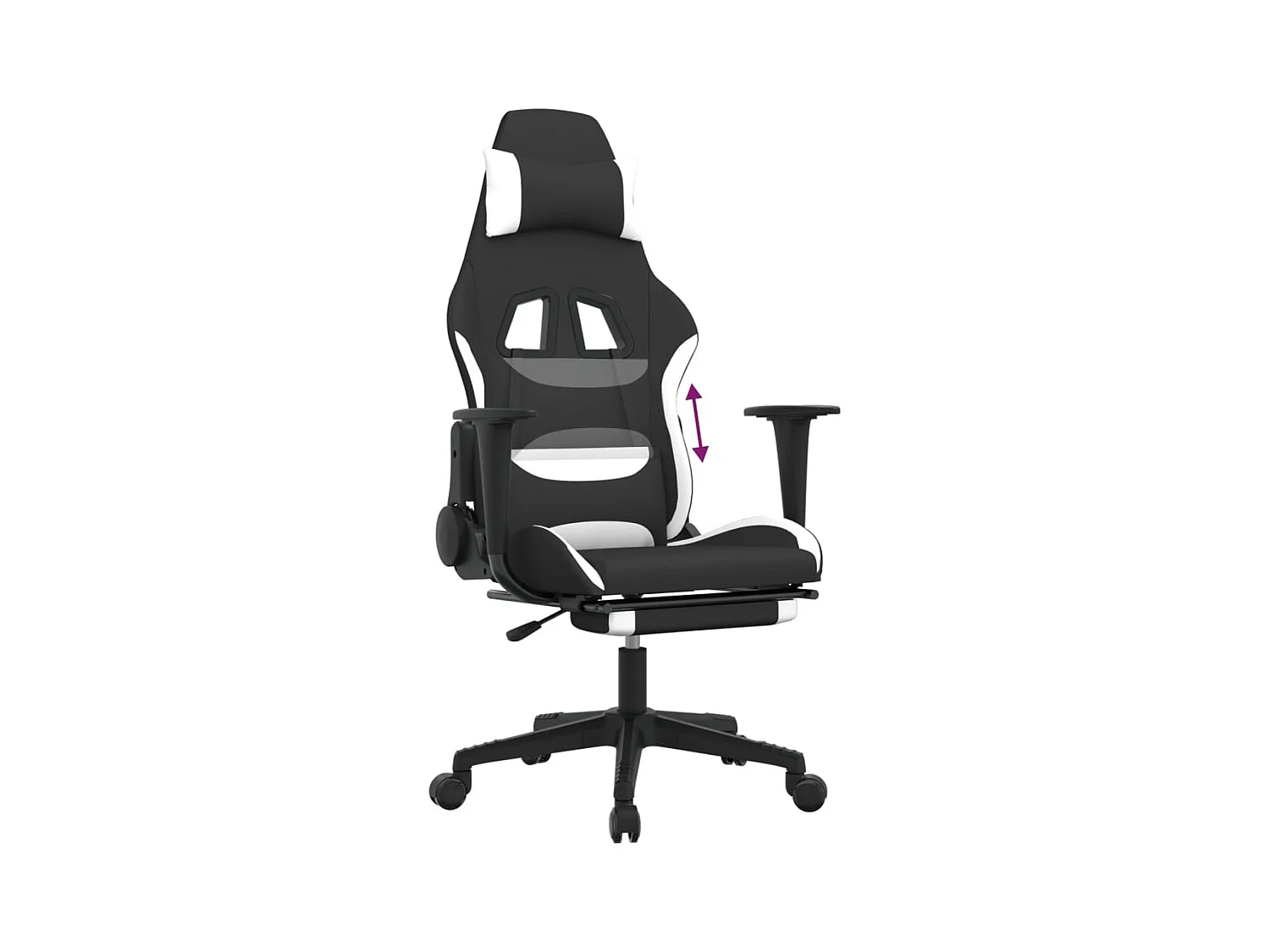 Cadeira de gaming com apoio de pés tecido preto e branco