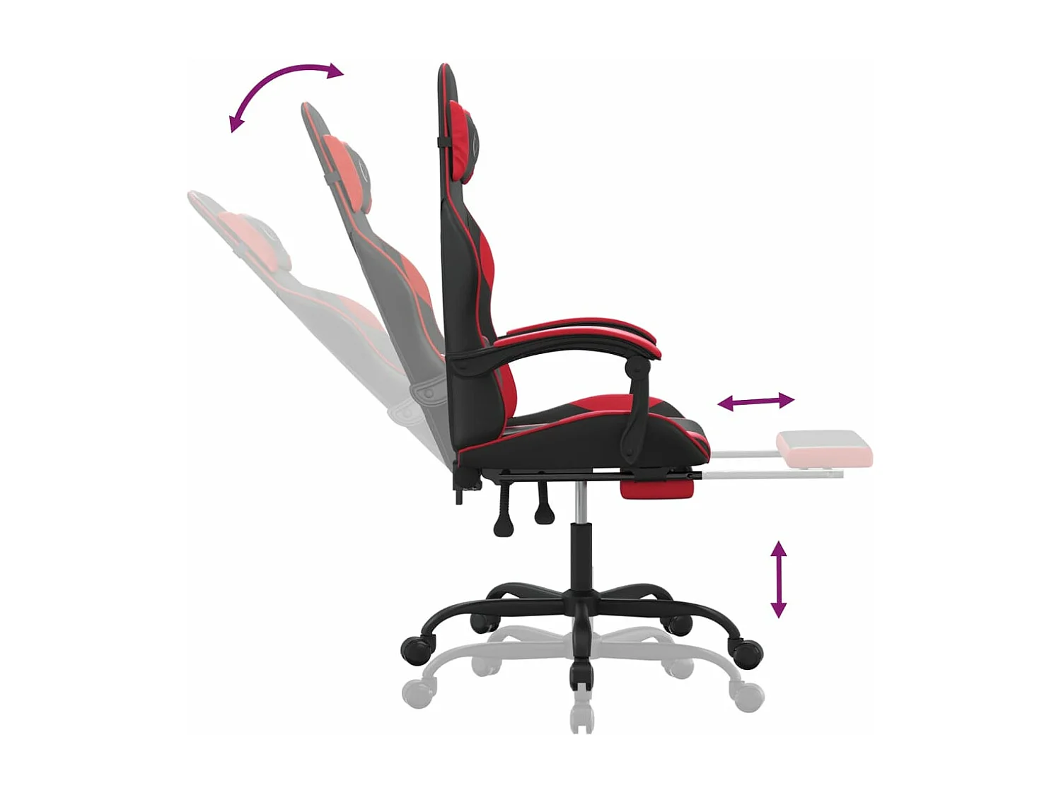 Cadeira gaming c/ apoio pés couro artificial preto e vermelho