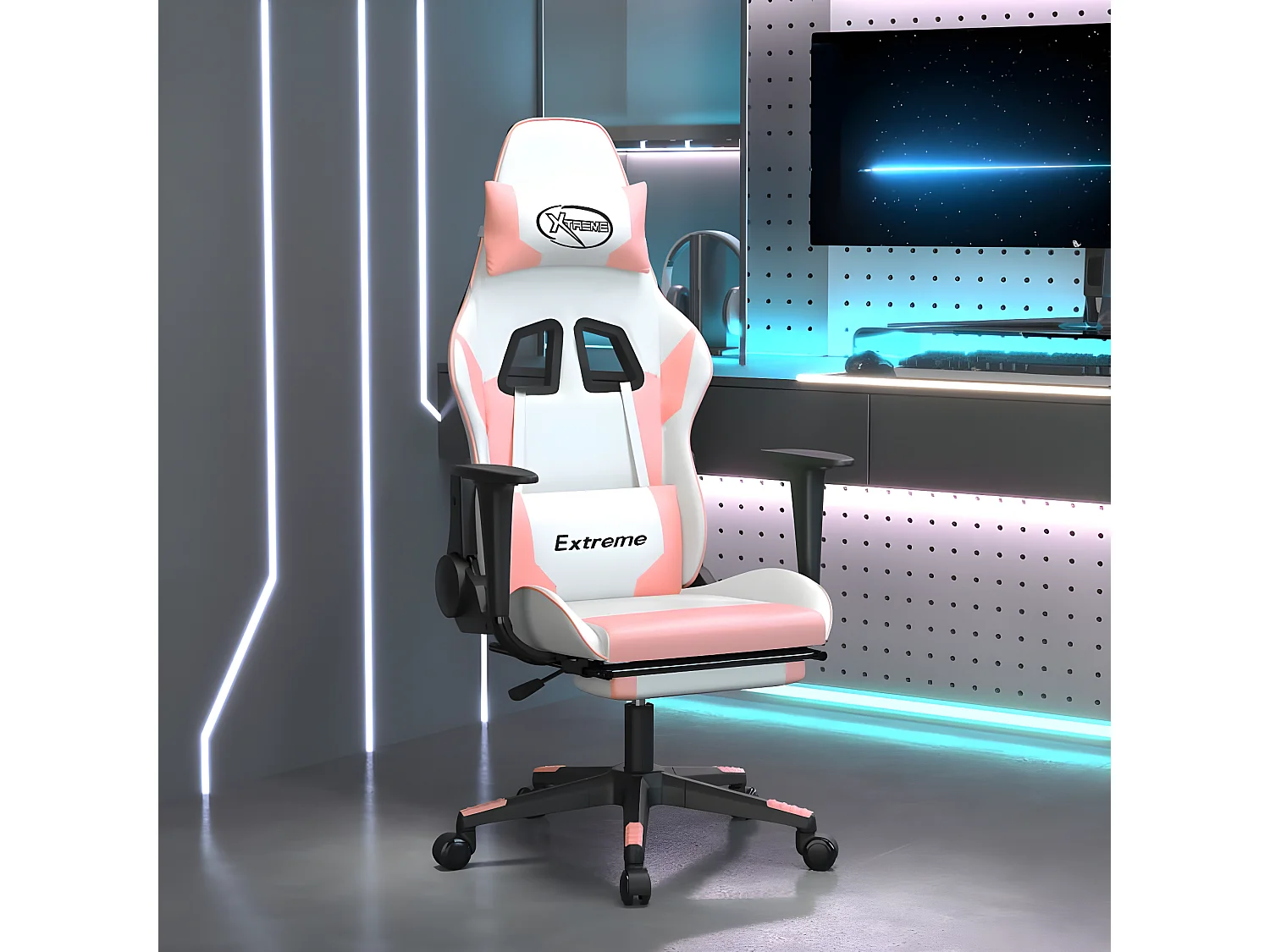 Cadeira gaming com apoio p/ pés couro artificial branco e rosa