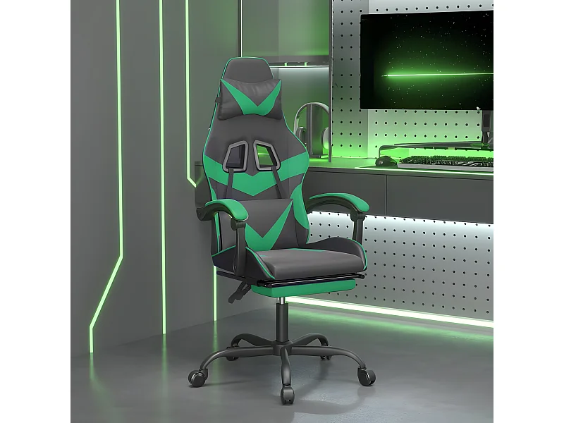 Cadeira gaming giratória c/ apoio pés couro artif. preto/verde
