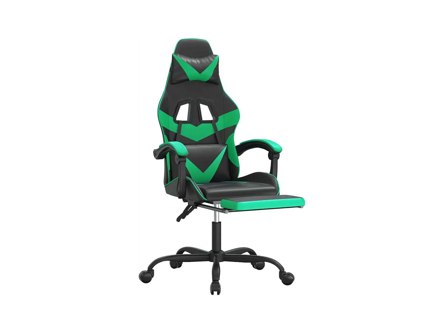 Cadeira gaming giratória c/ apoio pés couro artif. preto/verde