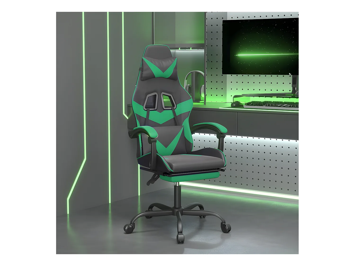 Cadeira gaming giratória c/ apoio pés couro artif. preto/verde