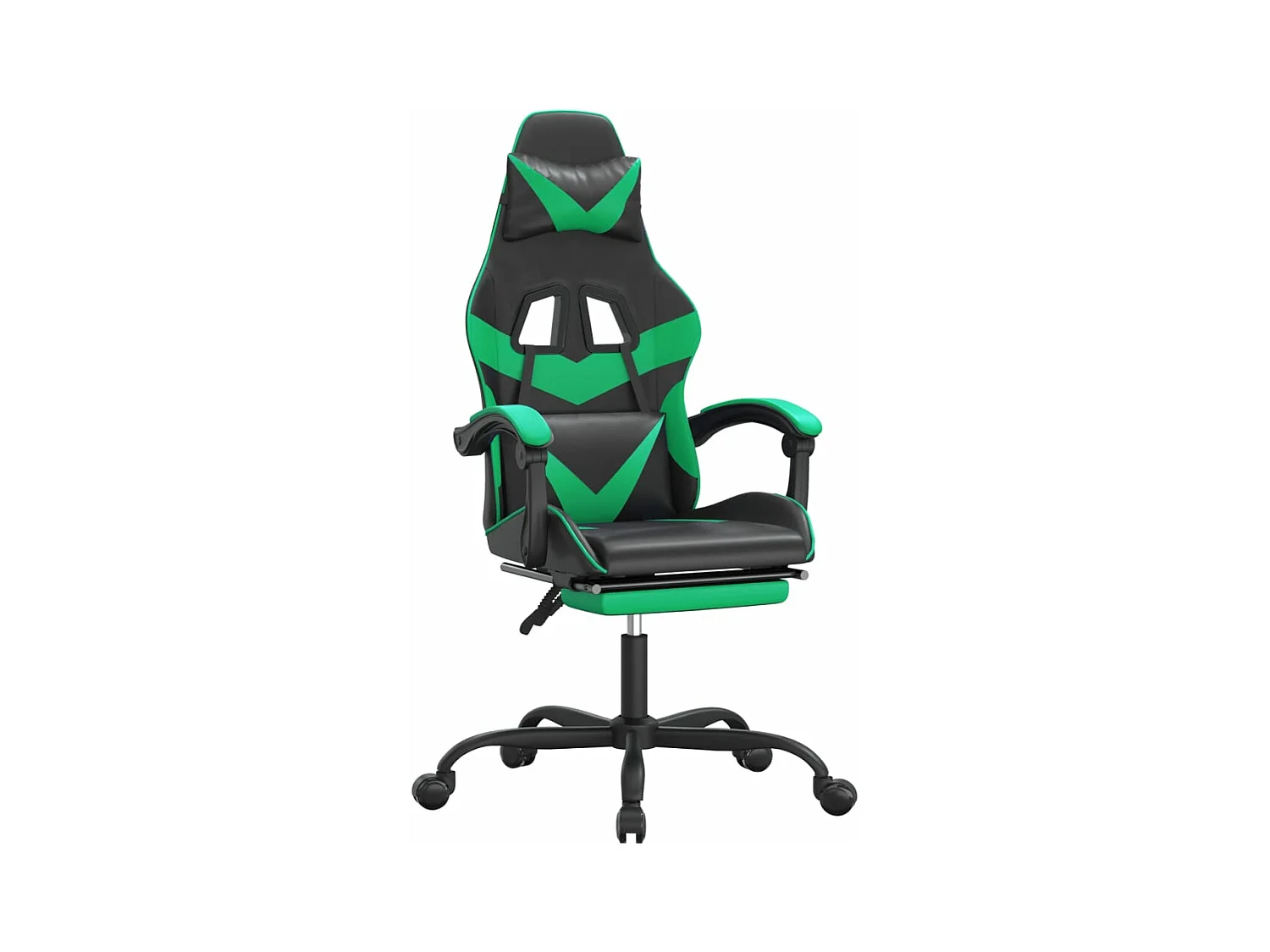 Cadeira gaming giratória c/ apoio pés couro artif. preto/verde