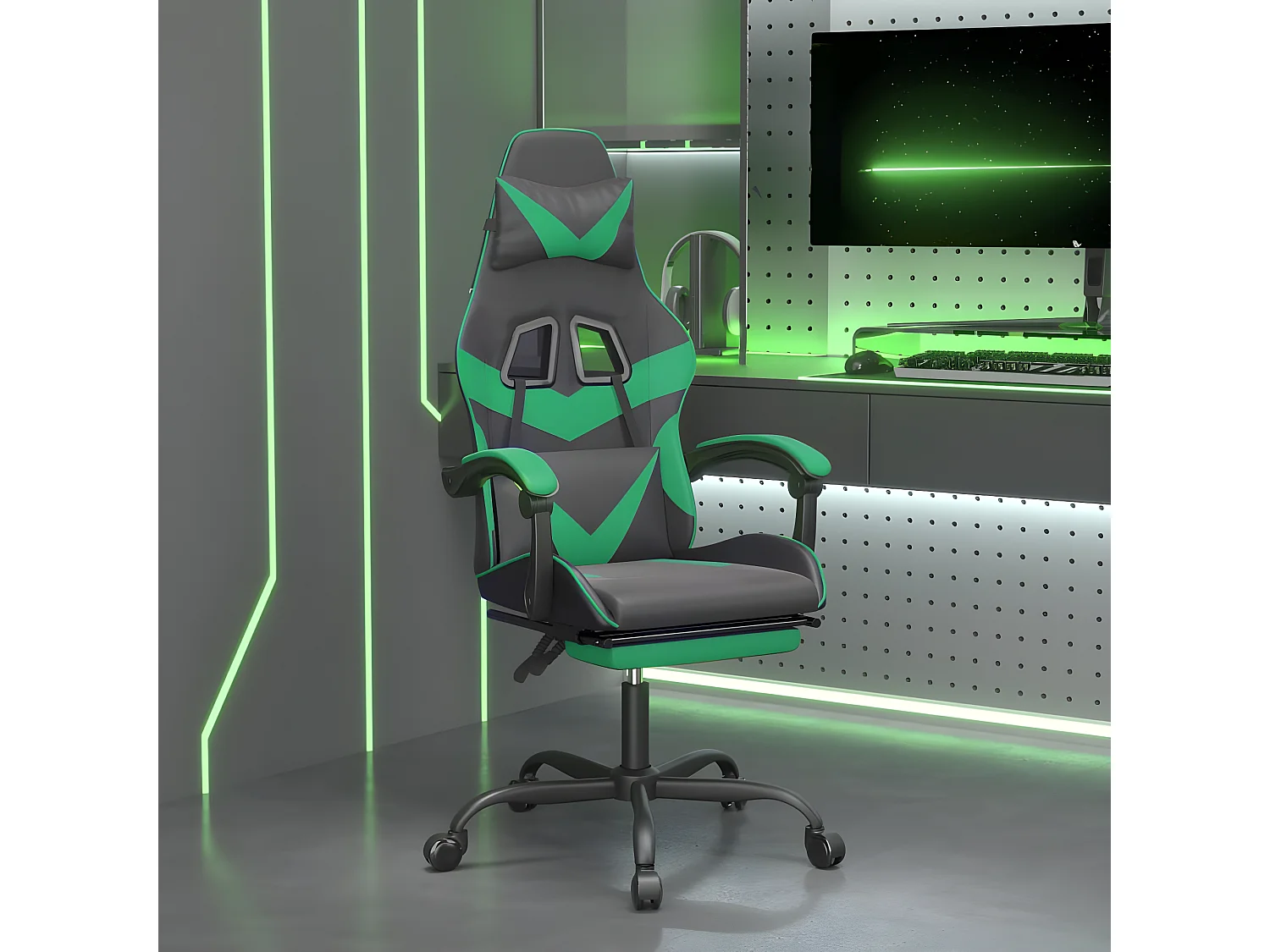 Cadeira gaming giratória c/ apoio pés couro artif. preto/verde