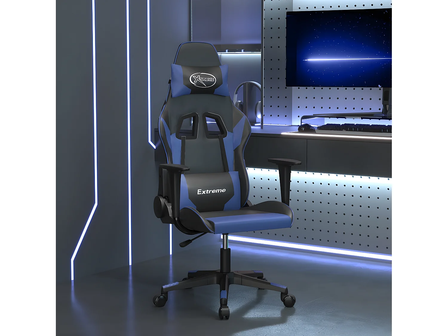 Cadeira gaming de massagens couro artificial preto e azul
