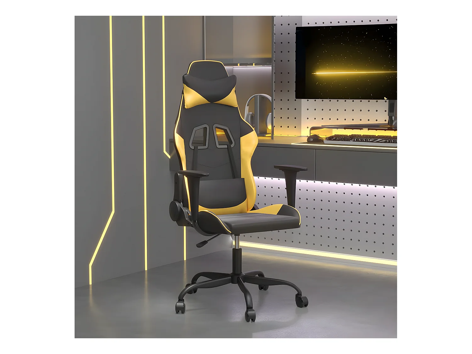 Cadeira gaming couro artificial preto e dourado