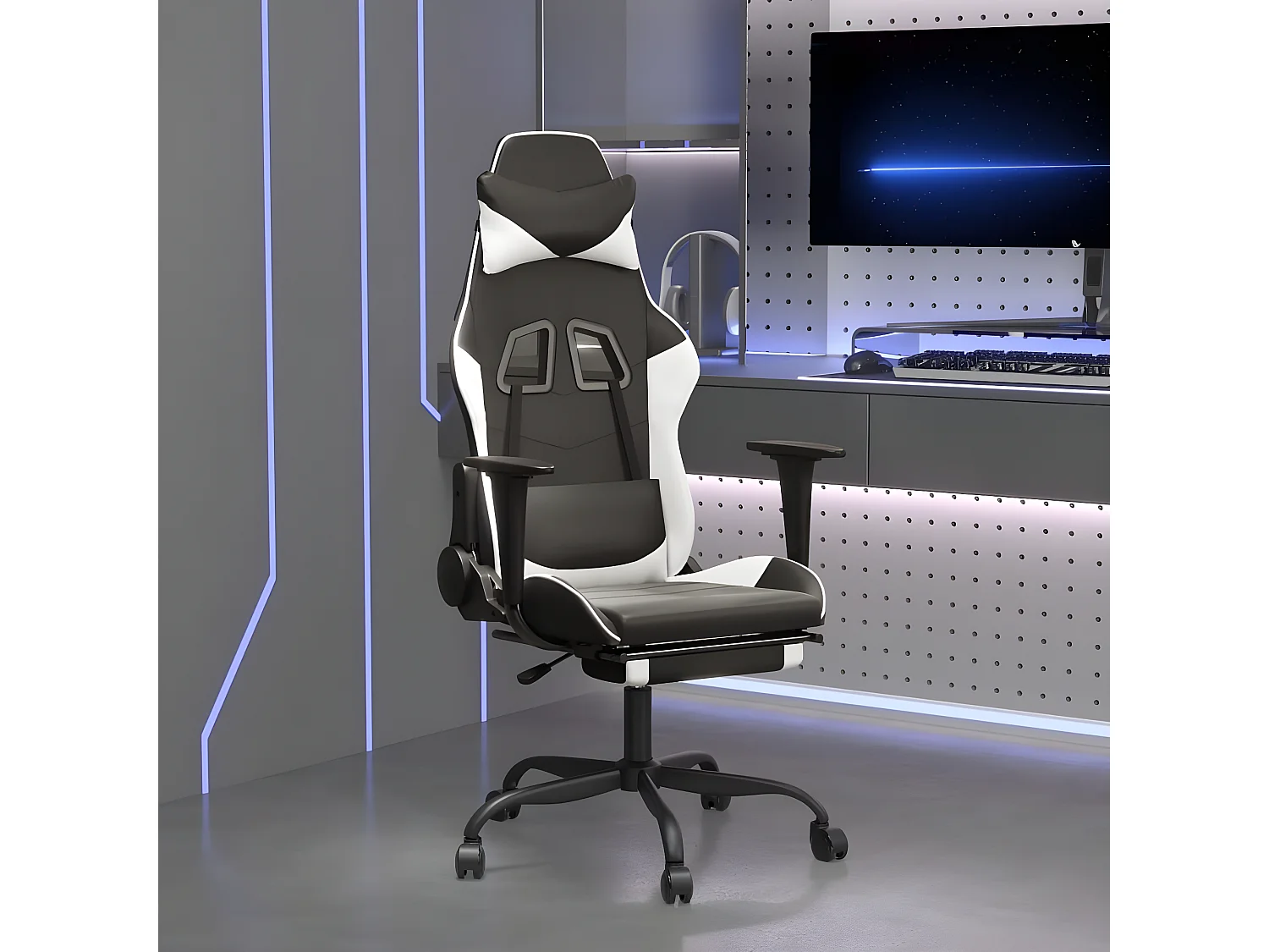 Silla gaming con reposapiés cuero sintético negro blanco