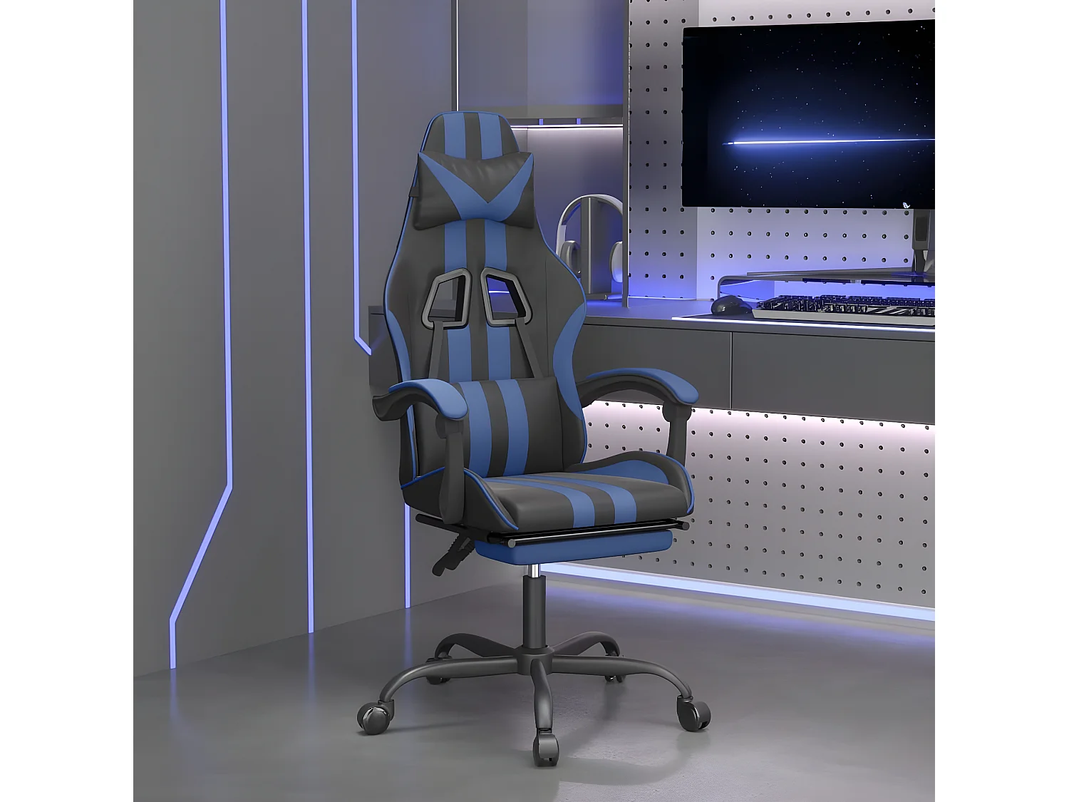 Cadeira gaming giratória c/ apoio pés couro artif. preto/azul