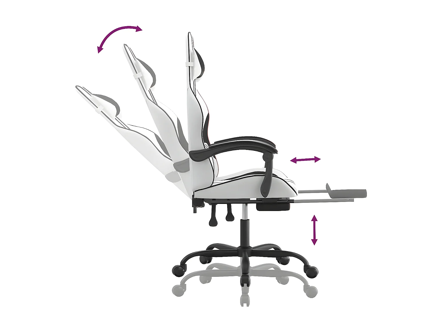 Cadeira gaming c/ apoio p/ pés couro artificial preto e branco